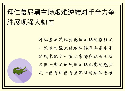 拜仁慕尼黑主场艰难逆转对手全力争胜展现强大韧性