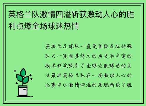 英格兰队激情四溢斩获激动人心的胜利点燃全场球迷热情