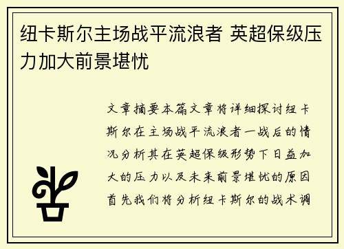纽卡斯尔主场战平流浪者 英超保级压力加大前景堪忧