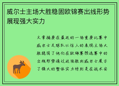 威尔士主场大胜稳固欧锦赛出线形势展现强大实力